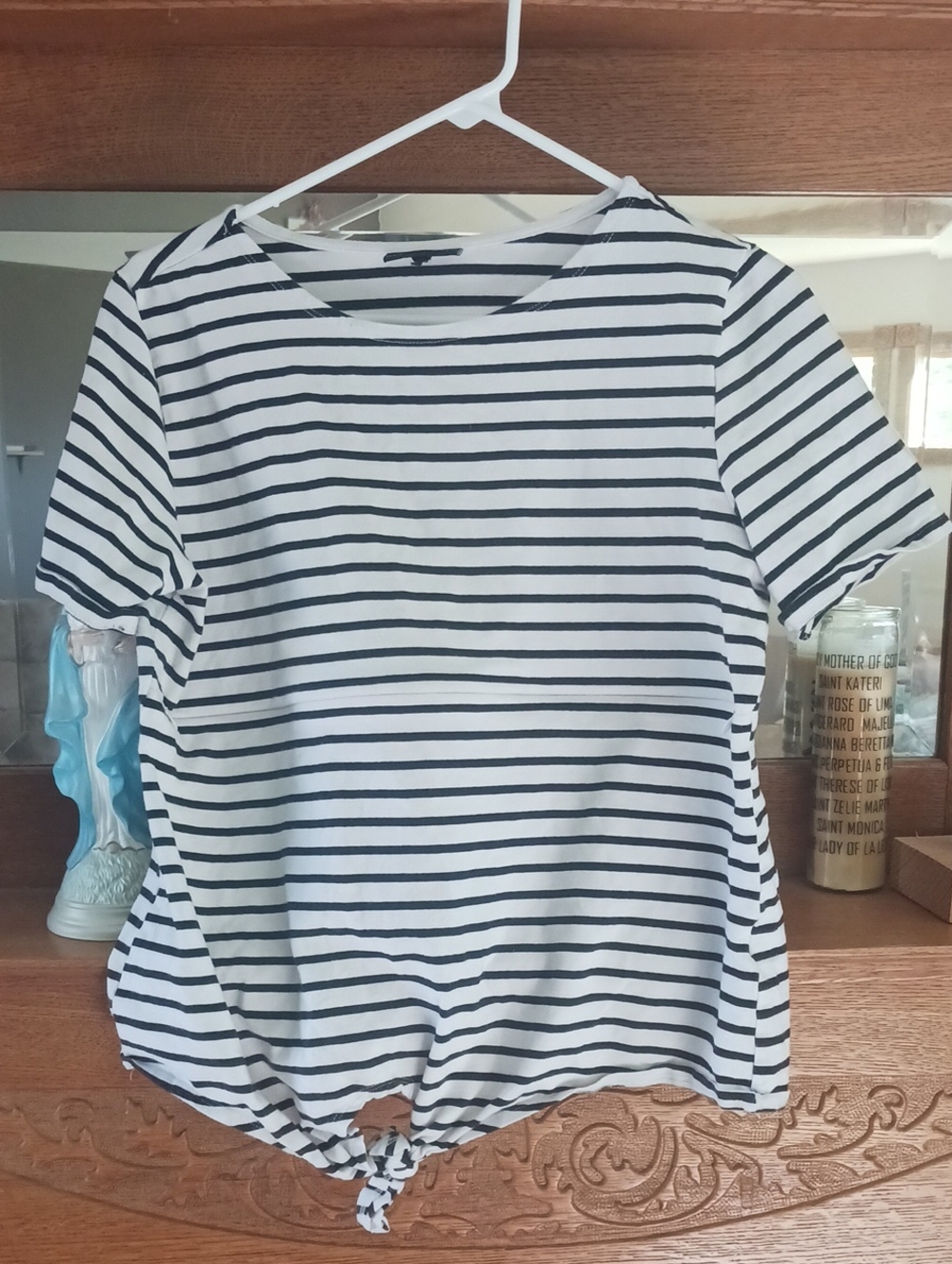 Nursing Queen Cotton White & Black Striped Short-Sleeve Tie-Hem Tee